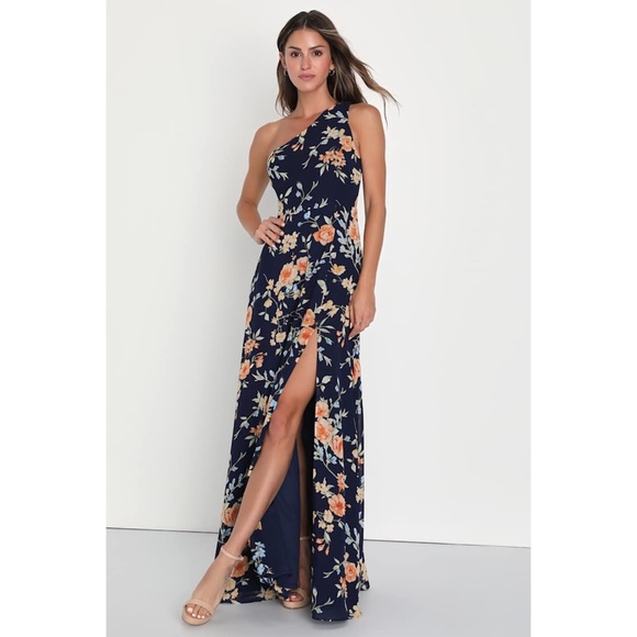 Lulus Elegant Admiration Navy Blue Floral One-Shoulder Maxi Dress Size XL NEW - Picture 1 of 8